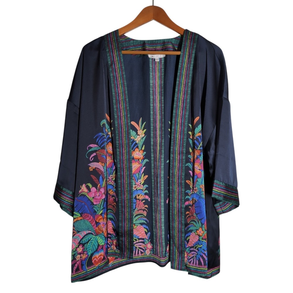 DR2 Kimono Wrap Women L/XL Boho Tropical Floral Satin Open Front